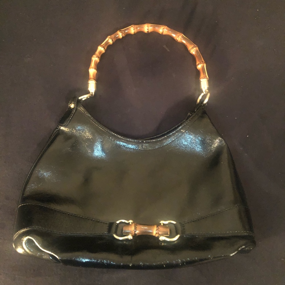 Black patent shoulder or carry purse with bamboo handle